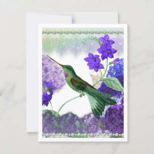 Postal Colibrí verde con flores, encaje, perlas