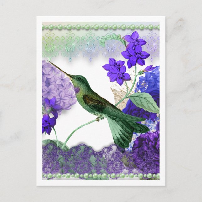 Postal Colibrí verde con flores, encaje, perlas (Anverso)