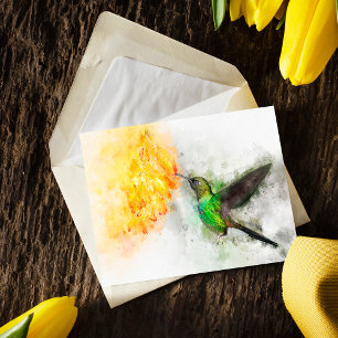 Postal Colibrí Vibrante y Aquarela Floral Amarilla