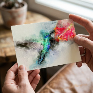 Postal Colibrí volando con flor acuarela - 01