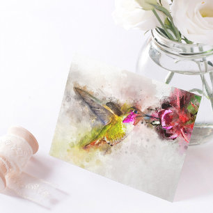 Postal Colibrí volando con flor acuarela - 04