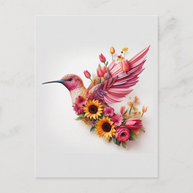 Postal Colibrí volando con flores (Anverso)