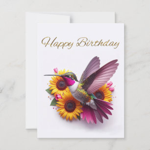 Postal Colibrí volando con flores Feliz Cumpleaños