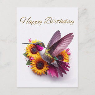 Postal Colibrí volando con flores Feliz Cumpleaños