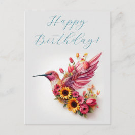 Postal Colibrí volando con flores Feliz Cumpleaños
