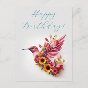 Postal Colibrí volando con flores Feliz Cumpleaños