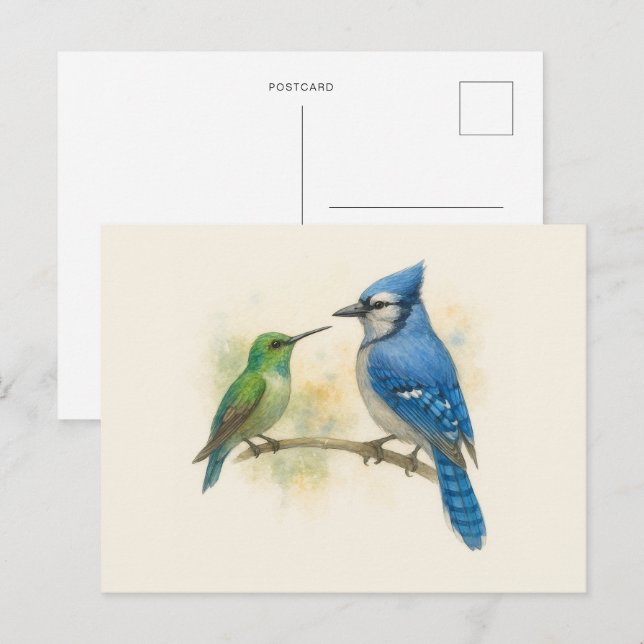Postal Colibrí y Arrendajo Azul Naturaleza  (Anverso / Reverso)