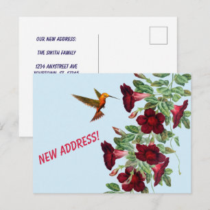 Postal Colibrí y Flores Rojas Nueva Dirección