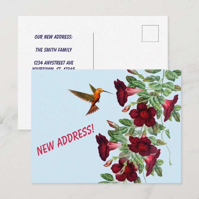 Postal Colibrí y Flores Rojas Nueva Dirección (Anverso / Reverso)
