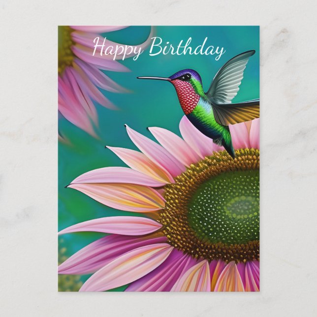 Postal Colibrí y girasol rosa (Anverso)