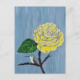 Postal Colibrí y Rosa en pintura de lluvia