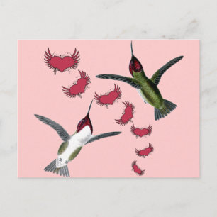Postal Colibríes Grunge Corazones con Alas