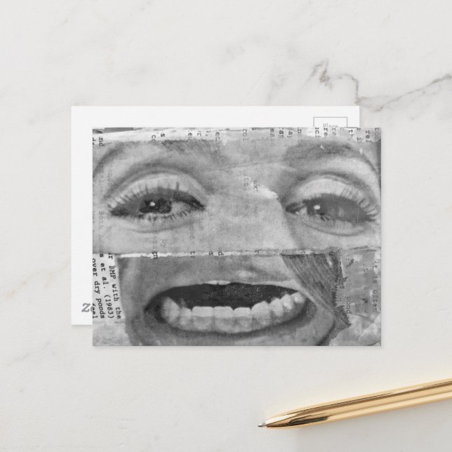 Postal collage abstracto con ojos y boca en blanco y negr (Anverso/Reverso In Situ)