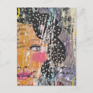 Postal collage abstracto con palabras de rostro y lunares