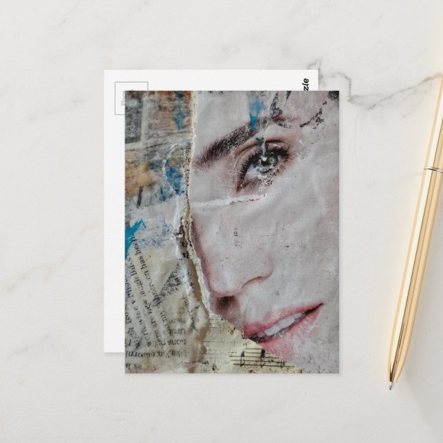 Postal Collage abstracto de rostro y palabras en técnica  (Anverso/Reverso In Situ)