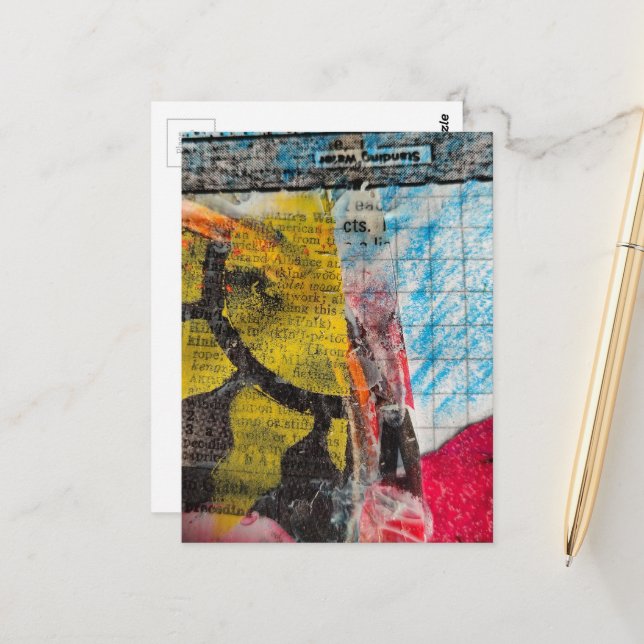 Postal collage abstracto palabras sol amarillo (Anverso/Reverso In Situ)