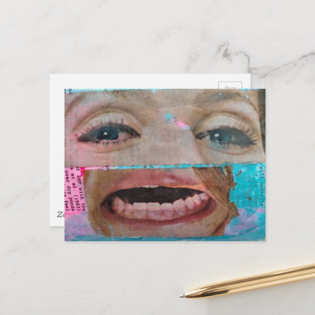 Postal collage abstracto único con ojos y boca (Anverso/Reverso In Situ)