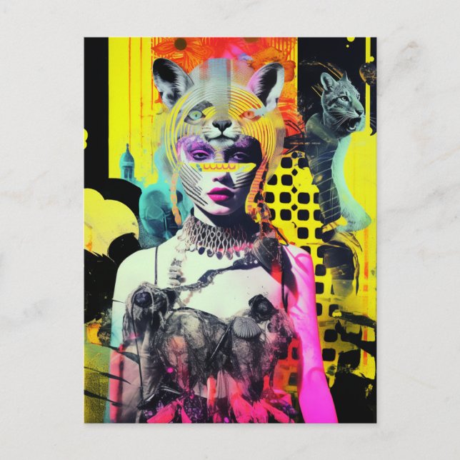 Postal Collage colorido de mujeres fantasmas y animales (Anverso)