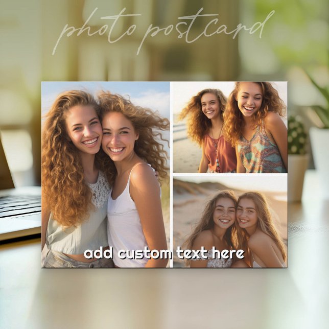 Postal Collage de 3 fotos con 1 línea de texto (Photo Postcard - Customize with your favorite pics)