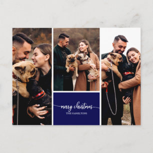Postal Collage de 3 fotos elegante Feliz Navidad Azul