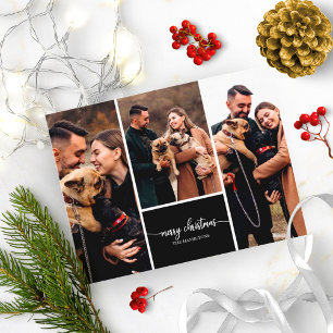 Postal Collage de 3 fotos elegante Feliz Navidad Negro