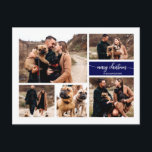 Postal Collage de 5 fotos Chic Script Merry Christmas Azu<br><div class="desc">Tarjeta postal Collage de 5 fotos Chic Script Merry Christmas Azul</div>