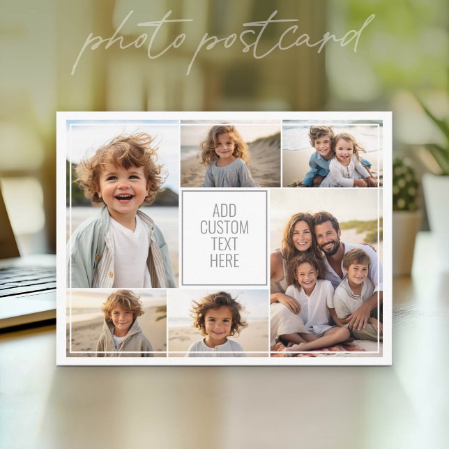Postal collage de 6 fotos - fondo blanco - texto gris (Photo Postcard that You Can Customize with your favorite photos - Modern, minimal design)