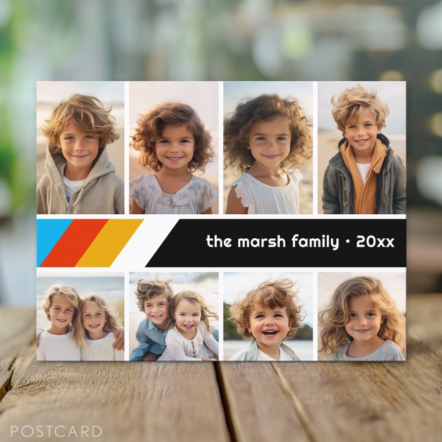 Postal Collage de 8 fotos - Raya Retro Cian (Custom Personalized Photo Collage Postcard)