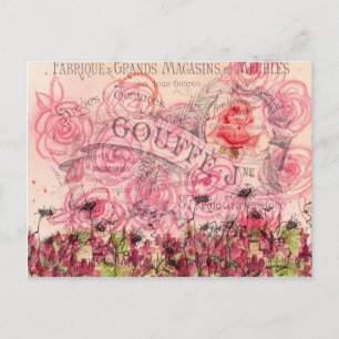 Postal Collage de acuarela de la flor rosa francesa