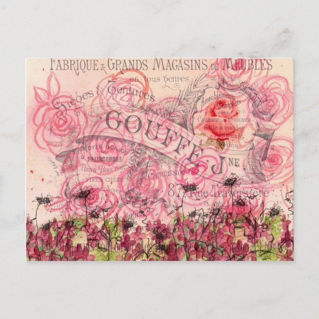 Postal Collage de acuarela de la flor rosa francesa (Anverso)