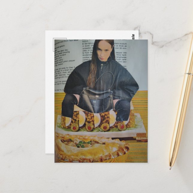 Postal Collage de alimentos de los 70 y mujer de moda mod (Anverso/Reverso In Situ)