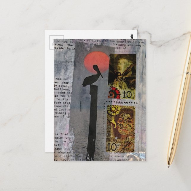 Postal Collage de ave pelícano y dos sellos de medios mix (Anverso/Reverso In Situ)