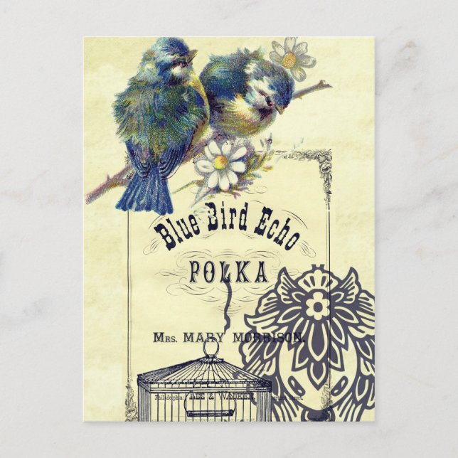 Postal Collage de aves azules vintage (Anverso)