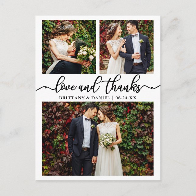 Postal Collage de boda de caligrafía 3 fotos agradecimien (Anverso)