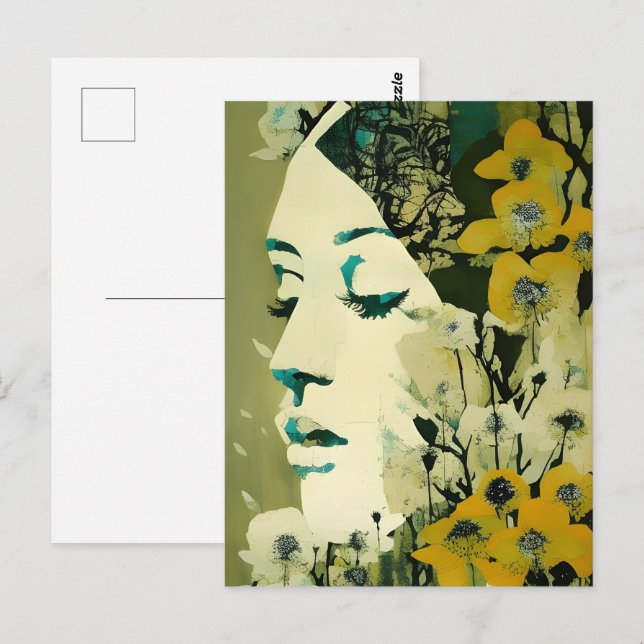 Postal Collage de cara de mujer y flores (Anverso / Reverso)