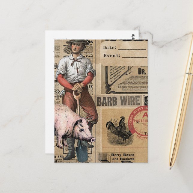 Postal Collage de cerdo y granjero vintage (Anverso/Reverso In Situ)