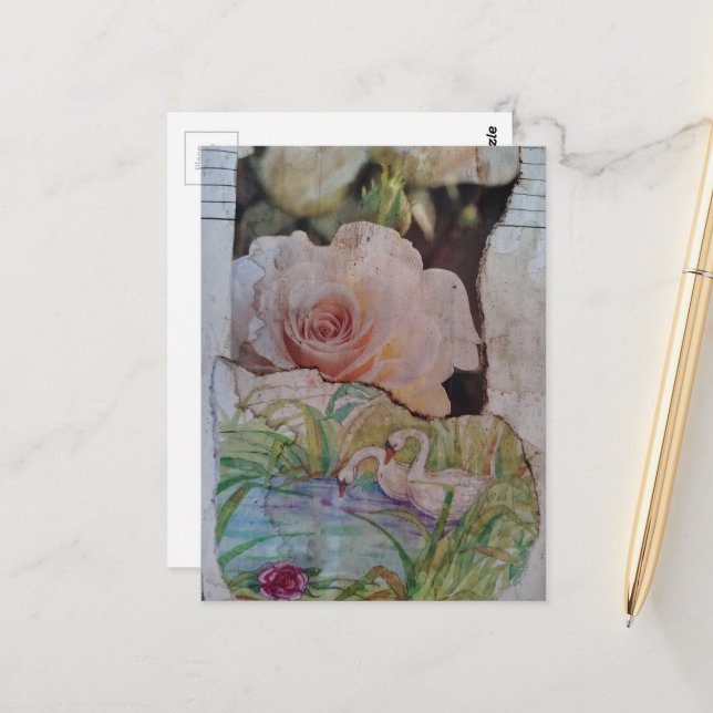 Postal Collage de cisne y rosas (Anverso/Reverso In Situ)