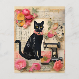 Postal Collage de collar de perlas de gato negro de masca