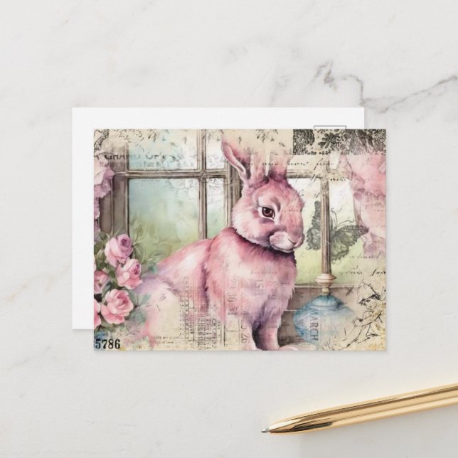 Postal Collage de cosecha de conejo rosa (Anverso/Reverso In Situ)