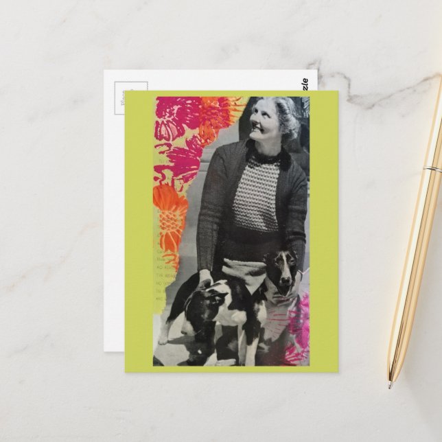 Postal Collage de Dama con Dos Perros (Anverso/Reverso In Situ)