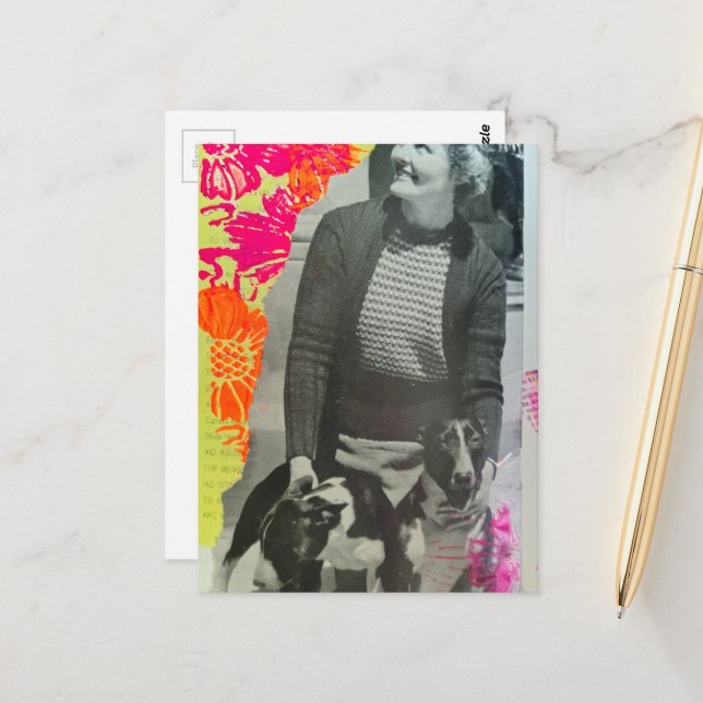 Postal Collage de Dama con Dos Perros (Anverso/Reverso In Situ)