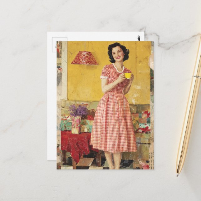 Postal collage de dama de la era de 1950 (Anverso/Reverso In Situ)