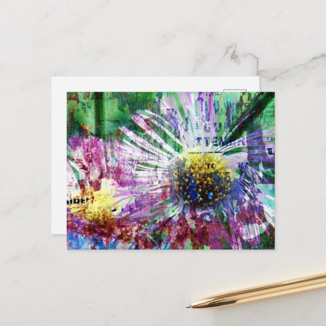 Postal Collage de flor de medios mixtos (Anverso/Reverso In Situ)