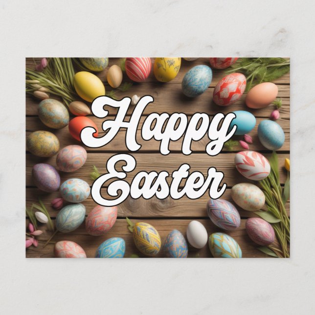 Postal Collage de Flores y Huevos de Pascua Feliz (Anverso)