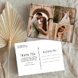 Postal Collage de fotos Boda moderno Gracias<br><div class="desc">Hermosa tarjeta de agradecimiento boda que incluye tres de sus fotos favoritas de la celebración de bodas. Personalizar la parte delantera con tu foto (usar una foto oscura en el lado izquierdo ayudará al texto blanco pop). Añade tus detalles al dorso de la tarjeta. Puedes pedir una tarjeta a la...</div>