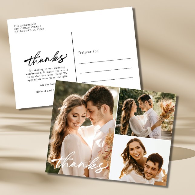 Postal Collage de fotos Boda moderno Gracias (Modern Wedding Photo Collage Thank You Postcard)