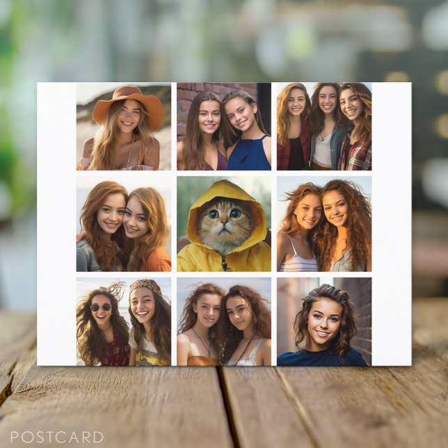 Postal collage de fotos cuadrado de 9 - Blanco y negro (Custom Personalized Photo Collage Postcard)