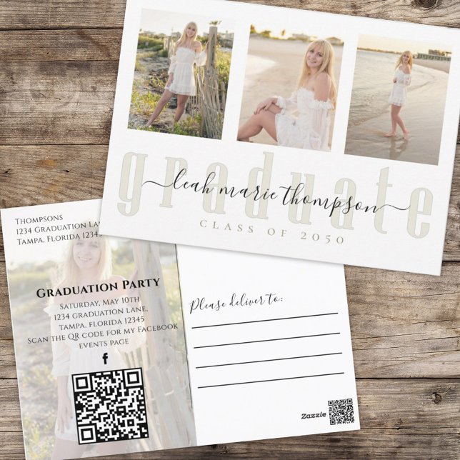 Postal Collage de fotos de Graduado Simple Elegante Guión (Graduation postcard with a scannable QR Code and multi photo template. )