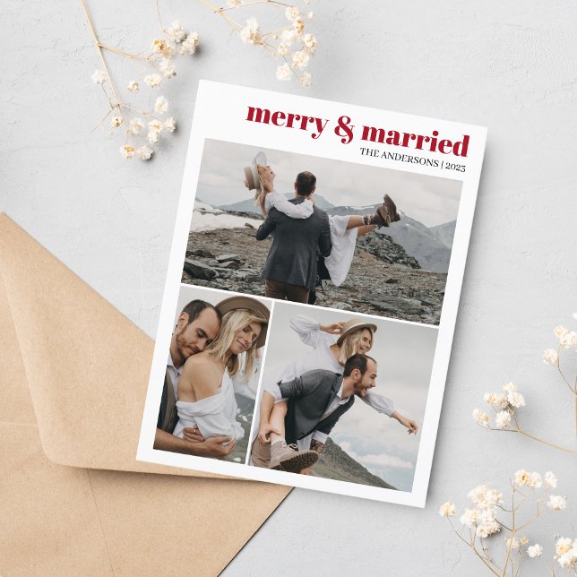 Postal Collage de fotos de Matrimonio y Matrimonio con Na (Merry & Married Photo Collage Christmas Card)