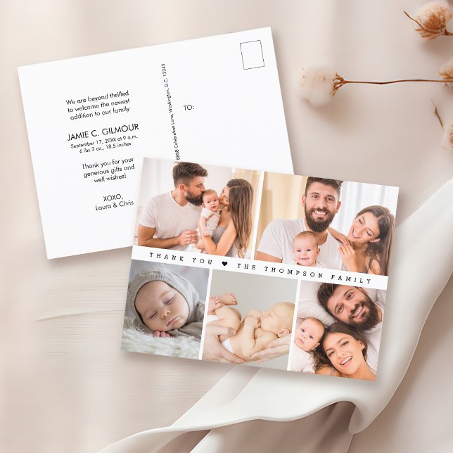 Postal Collage de fotos de nacimiento simple Baby Shower  (Birth announcement, baby shower thank you photo collage postcard.)